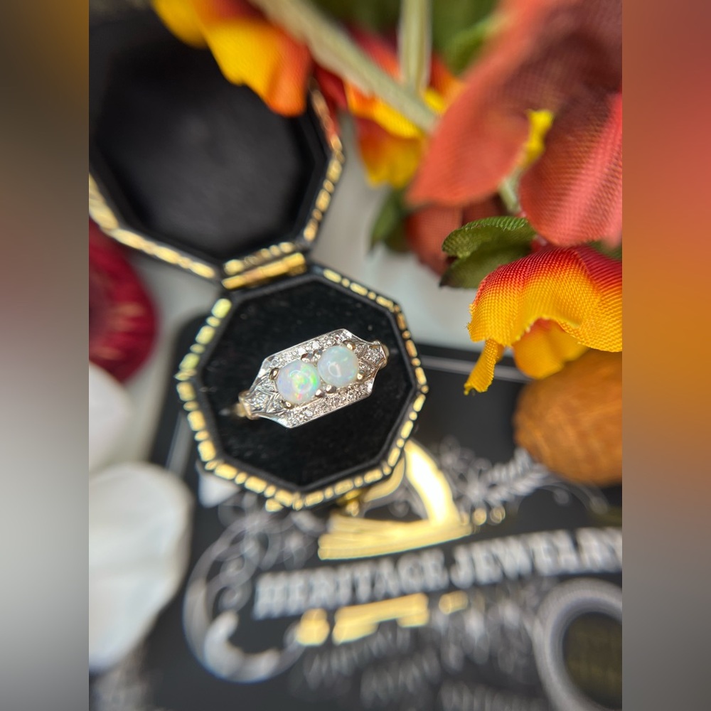 *Sold* Vintage Estate 14k Yellow and White Gold Moi et Toi Opal Diamond Ring - Picture 15 of 17